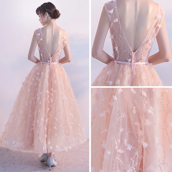 Chic / Beautiful Pearl Pink Homecoming Graduation Dresses 2017 A-Line / Princess V-Neck Sleeveless Appliques Flower Sash Ankle Length Ruffle Backless Formal Dresses