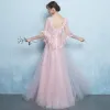 Elegant Blushing Pink Evening Dresses  2017 A-Line / Princess V-Neck 3/4 Sleeve Appliques Lace Beading Pearl Rhinestone Floor-Length / Long Ruffle Backless Formal Dresses