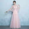 Elegant Blushing Pink Evening Dresses  2017 A-Line / Princess V-Neck 3/4 Sleeve Appliques Lace Beading Pearl Rhinestone Floor-Length / Long Ruffle Backless Formal Dresses