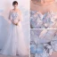 Elegante Weiß Abendkleider 2017 A Linie Rundhalsausschnitt 3/4 Ärmel Applikationen Schmetterling Blumen Perle Kapelle-Schleppe Rüschen Rückenfreies Durchbohrt Festliche Kleider