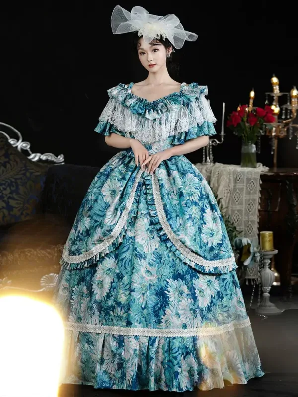 Vintage / Retro Medieval Ocean Blue Flower Prom Dresses 2024 Tassel Printing Floor-Length / Long U-Neck Cosplay A-Line / Princess Short Sleeve Ball Gown Prom Formal Dresses
