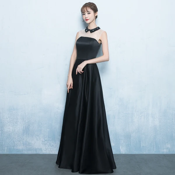 Chic / Belle Noire Robe De Soirée 2017 Princesse Cristal Perlage Col Haut Sans Manches Longue Volants Dos Nu Percé Robe De Ceremonie
