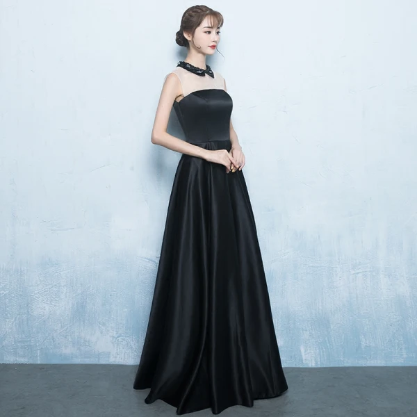Chic / Belle Noire Robe De Soirée 2017 Princesse Cristal Perlage Col Haut Sans Manches Longue Volants Dos Nu Percé Robe De Ceremonie