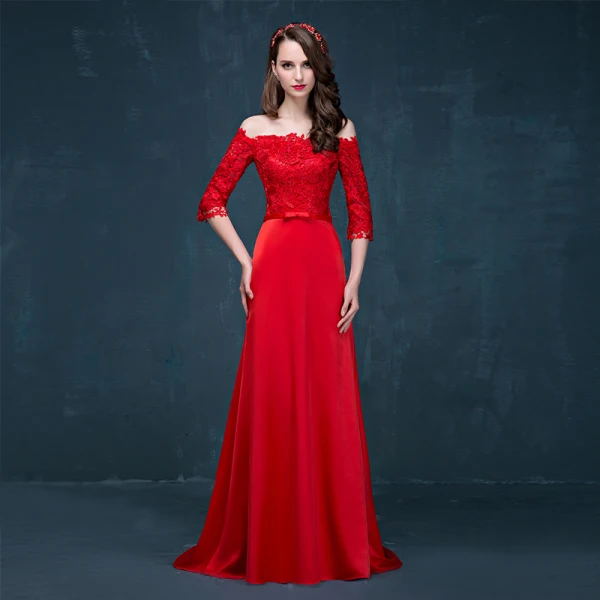 Chic / Belle Rouge Robe De Soirée 2017 Princesse De l'épaule 3/4 Manches Appliques En Dentelle Noeud Ceinture Train De Balayage Dos Nu Robe De Ceremonie