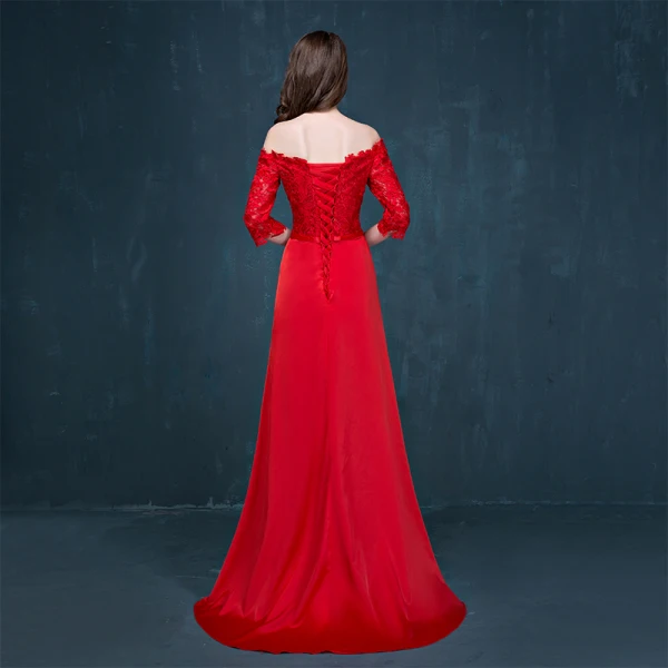 Chic / Belle Rouge Robe De Soirée 2017 Princesse De l'épaule 3/4 Manches Appliques En Dentelle Noeud Ceinture Train De Balayage Dos Nu Robe De Ceremonie