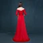 Chic / Belle Rouge Robe De Soirée 2017 Princesse De l'épaule 3/4 Manches Appliques En Dentelle Noeud Ceinture Train De Balayage Dos Nu Robe De Ceremonie