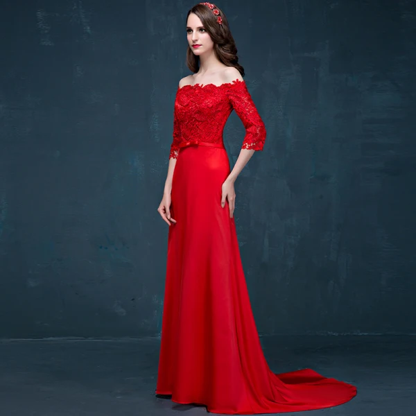 Chic / Belle Rouge Robe De Soirée 2017 Princesse De l'épaule 3/4 Manches Appliques En Dentelle Noeud Ceinture Train De Balayage Dos Nu Robe De Ceremonie