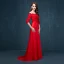 Chic / Belle Rouge Robe De Soirée 2017 Princesse De l'épaule 3/4 Manches Appliques En Dentelle Noeud Ceinture Train De Balayage Dos Nu Robe De Ceremonie