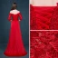 Chic / Belle Rouge Robe De Soirée 2017 Princesse De l'épaule 3/4 Manches Appliques En Dentelle Noeud Ceinture Train De Balayage Dos Nu Robe De Ceremonie