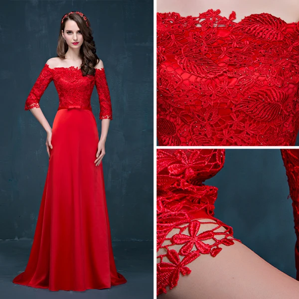 Chic / Belle Rouge Robe De Soirée 2017 Princesse De l'épaule 3/4 Manches Appliques En Dentelle Noeud Ceinture Train De Balayage Dos Nu Robe De Ceremonie