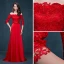 Chic / Belle Rouge Robe De Soirée 2017 Princesse De l'épaule 3/4 Manches Appliques En Dentelle Noeud Ceinture Train De Balayage Dos Nu Robe De Ceremonie