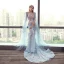 Flower Fairy Sky Blue Beach See-through Prom Dresses 2018 Trumpet / Mermaid Scoop Neck Short Sleeve Appliques Flower Watteau Train Ruffle Backless Formal Dresses
