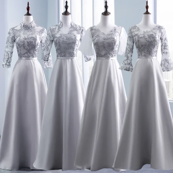 Modest / Simple Grey Pierced Bridesmaid Dresses 2018 A-Line / Princess Appliques Lace Sash Floor-Length / Long Backless Wedding Party Dresses