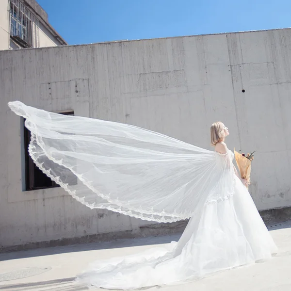 Chic / Beautiful Romantic Outdoor / Garden Wedding Dresses 2017 Rhinestone Lace Appliques Sleeveless Off-The-Shoulder Backless Cathedral Train White Ball Gown