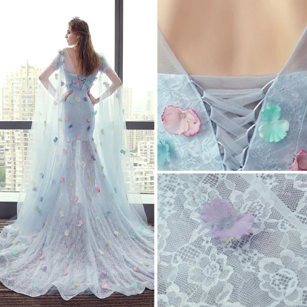 Flower Fairy Sky Blue Beach See-through Prom Dresses 2018 Trumpet / Mermaid Scoop Neck Short Sleeve Appliques Flower Watteau Train Ruffle Backless Formal Dresses