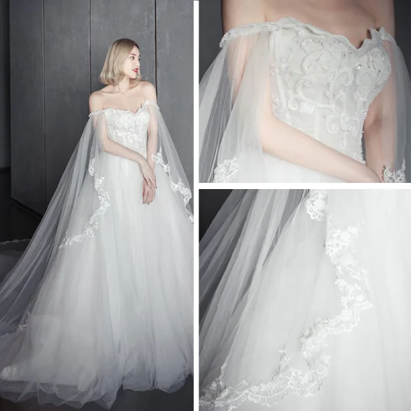 Chic / Beautiful Romantic Outdoor / Garden Wedding Dresses 2017 Rhinestone Lace Appliques Sleeveless Off-The-Shoulder Backless Cathedral Train White Ball Gown