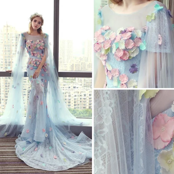 Flower Fairy Sky Blue Beach See-through Prom Dresses 2018 Trumpet / Mermaid Scoop Neck Short Sleeve Appliques Flower Watteau Train Ruffle Backless Formal Dresses