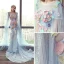 Flower Fairy Sky Blue Beach See-through Prom Dresses 2018 Trumpet / Mermaid Scoop Neck Short Sleeve Appliques Flower Watteau Train Ruffle Backless Formal Dresses