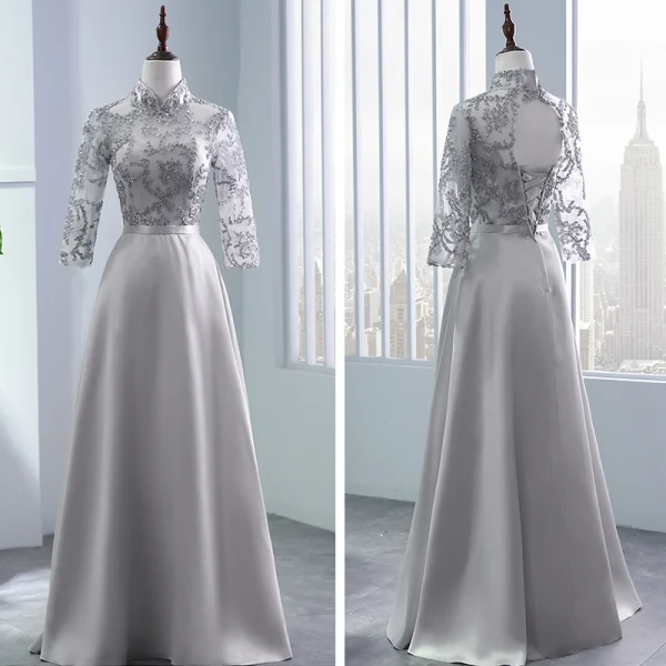 Modest / Simple Grey Pierced Bridesmaid Dresses 2018 A-Line / Princess Appliques Lace Sash Floor-Length / Long Backless Wedding Party Dresses