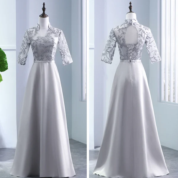 Modest / Simple Grey Pierced Bridesmaid Dresses 2018 A-Line / Princess Appliques Lace Sash Floor-Length / Long Backless Wedding Party Dresses
