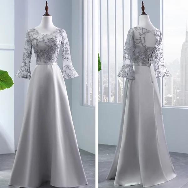 Modest / Simple Grey Pierced Bridesmaid Dresses 2018 A-Line / Princess Appliques Lace Sash Floor-Length / Long Backless Wedding Party Dresses