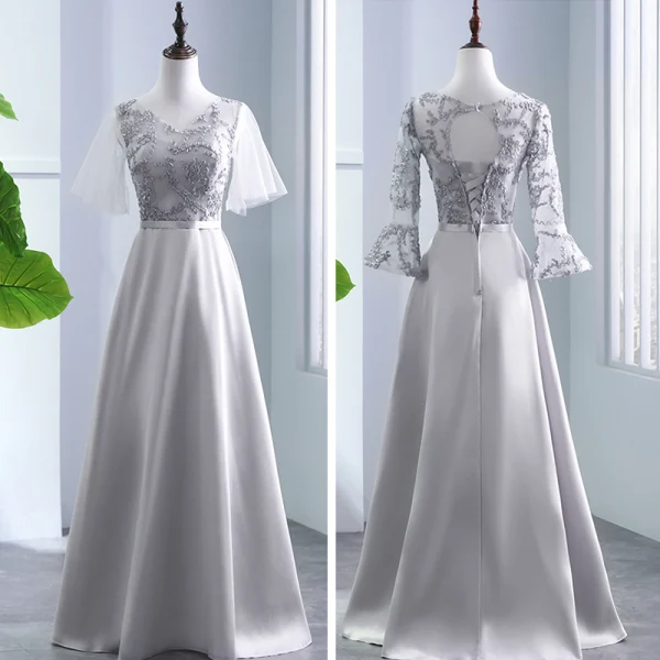 Modest / Simple Grey Pierced Bridesmaid Dresses 2018 A-Line / Princess Appliques Lace Sash Floor-Length / Long Backless Wedding Party Dresses