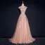 Chic / Belle Perle Rose Robe De Soirée 2017 Princesse V-Cou Sans Manches Appliques En Dentelle Train De Balayage Volants Dos Nu Robe De Ceremonie