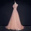 Chic / Belle Perle Rose Robe De Soirée 2017 Princesse V-Cou Sans Manches Appliques En Dentelle Train De Balayage Volants Dos Nu Robe De Ceremonie