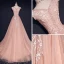 Chic / Belle Perle Rose Robe De Soirée 2017 Princesse V-Cou Sans Manches Appliques En Dentelle Train De Balayage Volants Dos Nu Robe De Ceremonie
