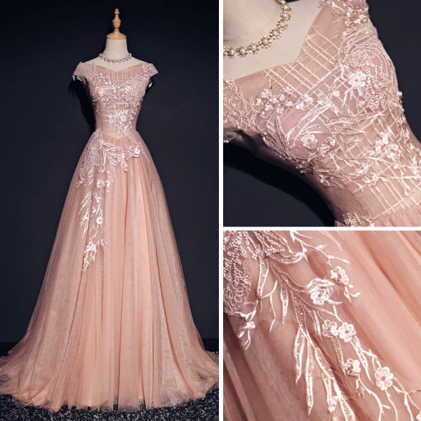 Chic / Belle Perle Rose Robe De Soirée 2017 Princesse V-Cou Sans Manches Appliques En Dentelle Train De Balayage Volants Dos Nu Robe De Ceremonie