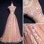 Chic / Belle Perle Rose Robe De Soirée 2017 Princesse V-Cou Sans Manches Appliques En Dentelle Train De Balayage Volants Dos Nu Robe De Ceremonie