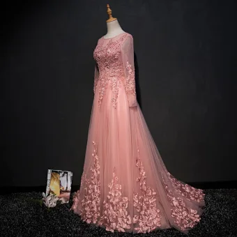 Chic Belle Perle Rose Robe De Soirée 2017 Princesse Encolure Dégagée Manches Longues Appliques En Dentelle Paillettes Perlage Perle Faux Diamant Train De Balayage Volants Dos Nu Robe De Ceremonie