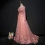 Chic / Belle Perle Rose Robe De Soirée 2017 Princesse Encolure Dégagée Manches Longues Appliques En Dentelle Paillettes Perlage Perle Faux Diamant Train De Balayage Volants Dos Nu Robe De Ceremonie