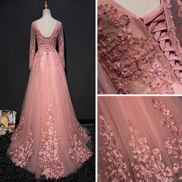 Chic / Belle Perle Rose Robe De Soirée 2017 Princesse Encolure Dégagée Manches Longues Appliques En Dentelle Paillettes Perlage Perle Faux Diamant Train De Balayage Volants Dos Nu Robe De Ceremonie