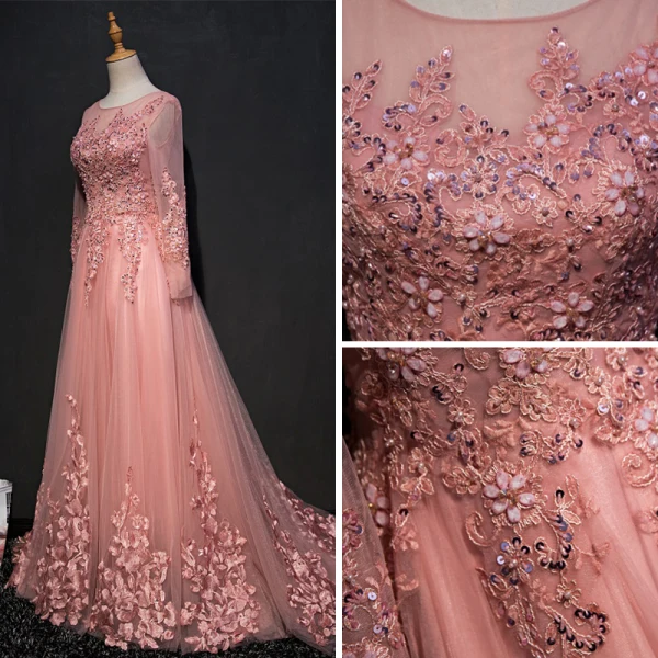 Chic / Belle Perle Rose Robe De Soirée 2017 Princesse Encolure Dégagée Manches Longues Appliques En Dentelle Paillettes Perlage Perle Faux Diamant Train De Balayage Volants Dos Nu Robe De Ceremonie