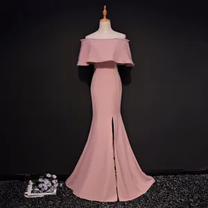 Chic Belle Perle Rose Robe De Soirée 2017 Trompette Sirène De L Épaule 1 2 Manches Cristal Perlage Tribunal Train Fendue Devant Dos Nu Robe De Ceremonie