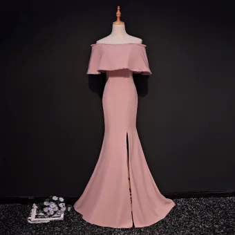Chic Belle Perle Rose Robe De Soirée 2017 Trompette Sirène De L Épaule 1 2 Manches Cristal Perlage Tribunal Train Fendue Devant Dos Nu Robe De Ceremonie