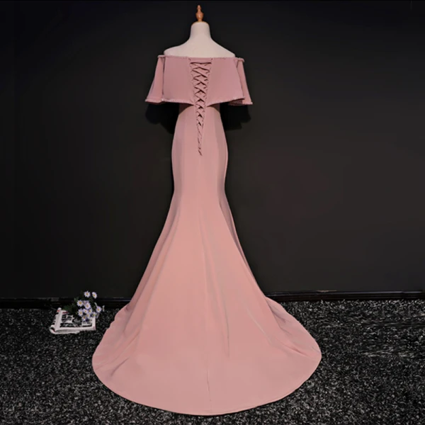 Chic / Beautiful Pearl Pink Evening Dresses 2017 Trumpet / Mermaid Off-The-Shoulder 1/2 Sleeves Crystal Beading Court Train Split Front Backless Formal Dresses