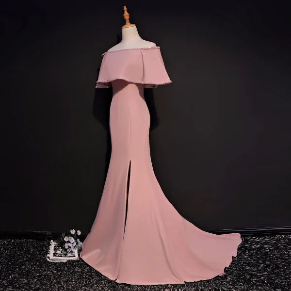 Chic / Beautiful Pearl Pink Evening Dresses 2017 Trumpet / Mermaid Off-The-Shoulder 1/2 Sleeves Crystal Beading Court Train Split Front Backless Formal Dresses