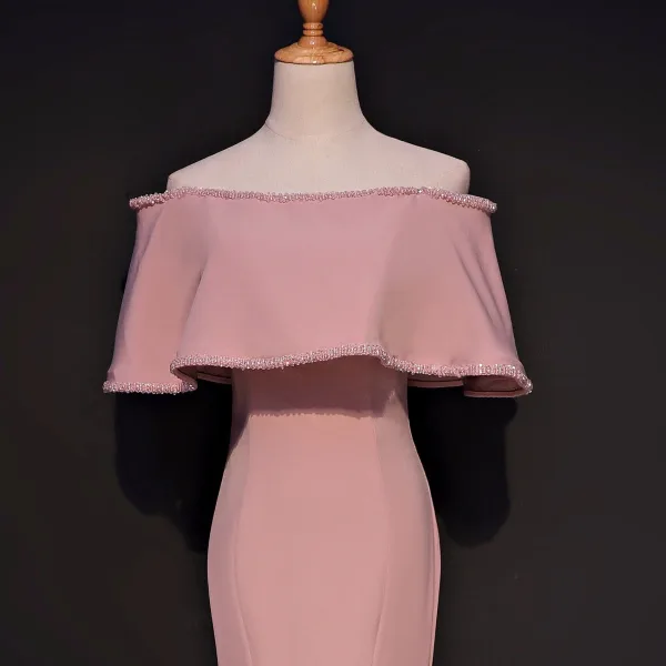 Chic / Beautiful Pearl Pink Evening Dresses 2017 Trumpet / Mermaid Off-The-Shoulder 1/2 Sleeves Crystal Beading Court Train Split Front Backless Formal Dresses