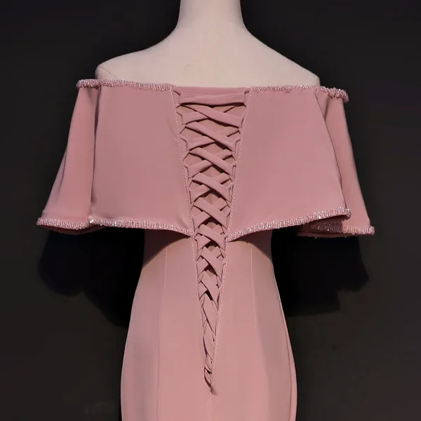 Chic / Beautiful Pearl Pink Evening Dresses 2017 Trumpet / Mermaid Off-The-Shoulder 1/2 Sleeves Crystal Beading Court Train Split Front Backless Formal Dresses