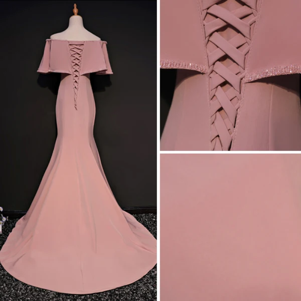 Chic / Beautiful Pearl Pink Evening Dresses 2017 Trumpet / Mermaid Off-The-Shoulder 1/2 Sleeves Crystal Beading Court Train Split Front Backless Formal Dresses
