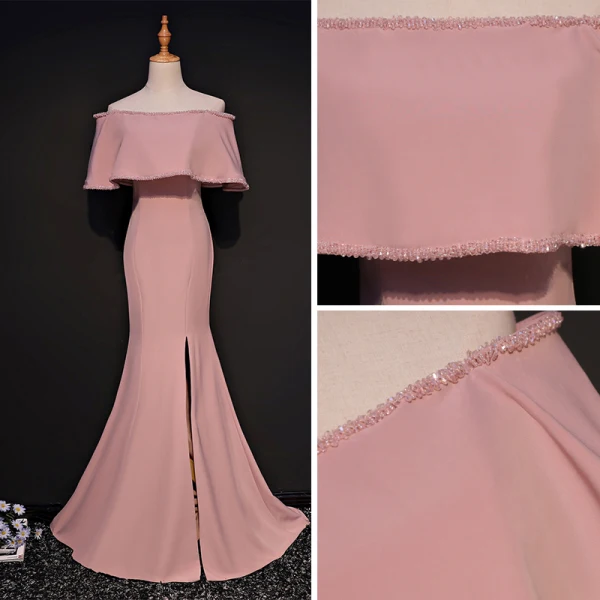 Chic / Beautiful Pearl Pink Evening Dresses 2017 Trumpet / Mermaid Off-The-Shoulder 1/2 Sleeves Crystal Beading Court Train Split Front Backless Formal Dresses