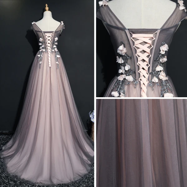 Chic / Belle Noire Robe De Soirée 2017 Princesse Encolure Dégagée Sans Manches Appliques Fleur Perle Tribunal Train Volants Dos Nu Robe De Ceremonie