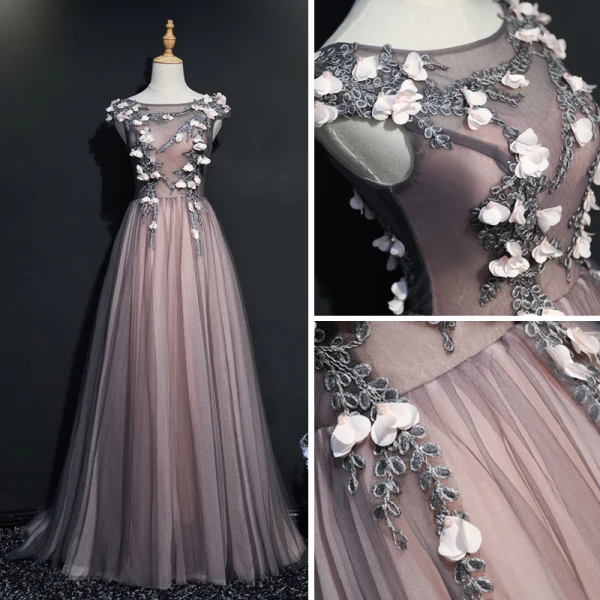 Chic / Belle Noire Robe De Soirée 2017 Princesse Encolure Dégagée Sans Manches Appliques Fleur Perle Tribunal Train Volants Dos Nu Robe De Ceremonie