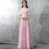 Vintage Blushing Pink Evening Dresses  2017 A-Line / Princess High Neck Short Sleeve Strapless Floor-Length / Long Ruffle Backless Formal Dresses