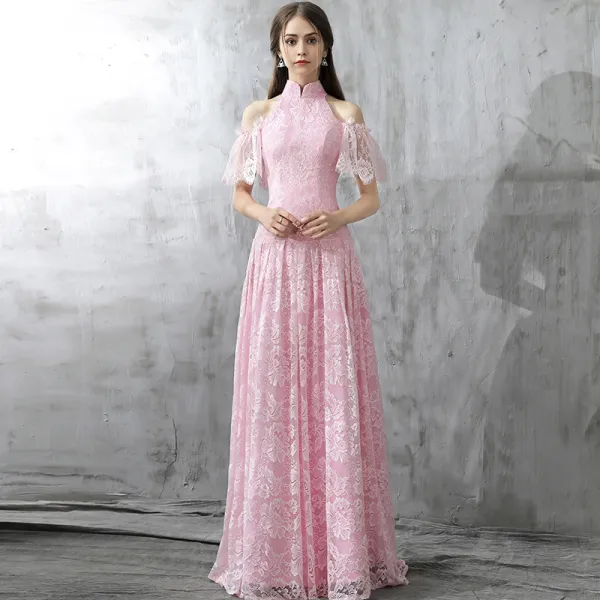 Vintage Blushing Pink Evening Dresses  2017 A-Line / Princess High Neck Short Sleeve Strapless Floor-Length / Long Ruffle Backless Formal Dresses