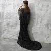 Chic / Beautiful Black Evening Dresses  2017 Trumpet / Mermaid Scoop Neck 3/4 Sleeve Glitter Rhinestone Sash Chapel Train Backless Formal Dresses
