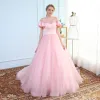 Modest / Simple Blushing Pink See-through Wedding Dresses 2018 Ball Gown Scoop Neck Short Sleeve Backless Ruffle Chapel Train