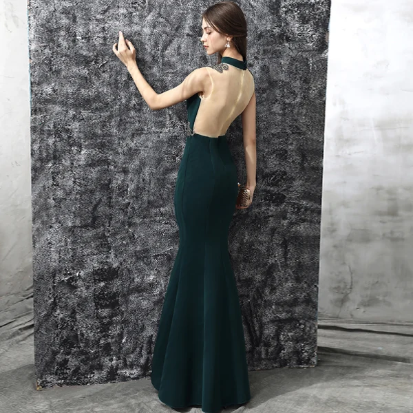 Vintage Dark Green Evening Dresses 2017 Trumpet / Mermaid High Neck Sleeveless Appliques Lace Rhinestone Floor-Length / Long Ruffle Backless Pierced Formal Dresses